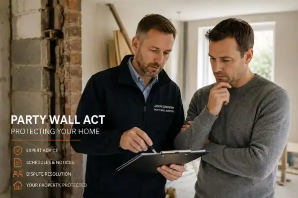 Party wall surveyor Wellingborough discussing extension plans with homeowner outside a UK semi-detached house.